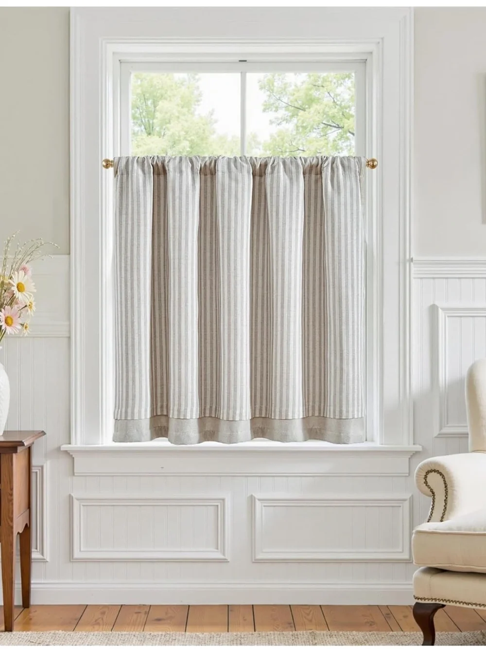 Boxster Striped Linen Kitchen Valance Curtain 50x36” (1-panel) TAUPE GRAY